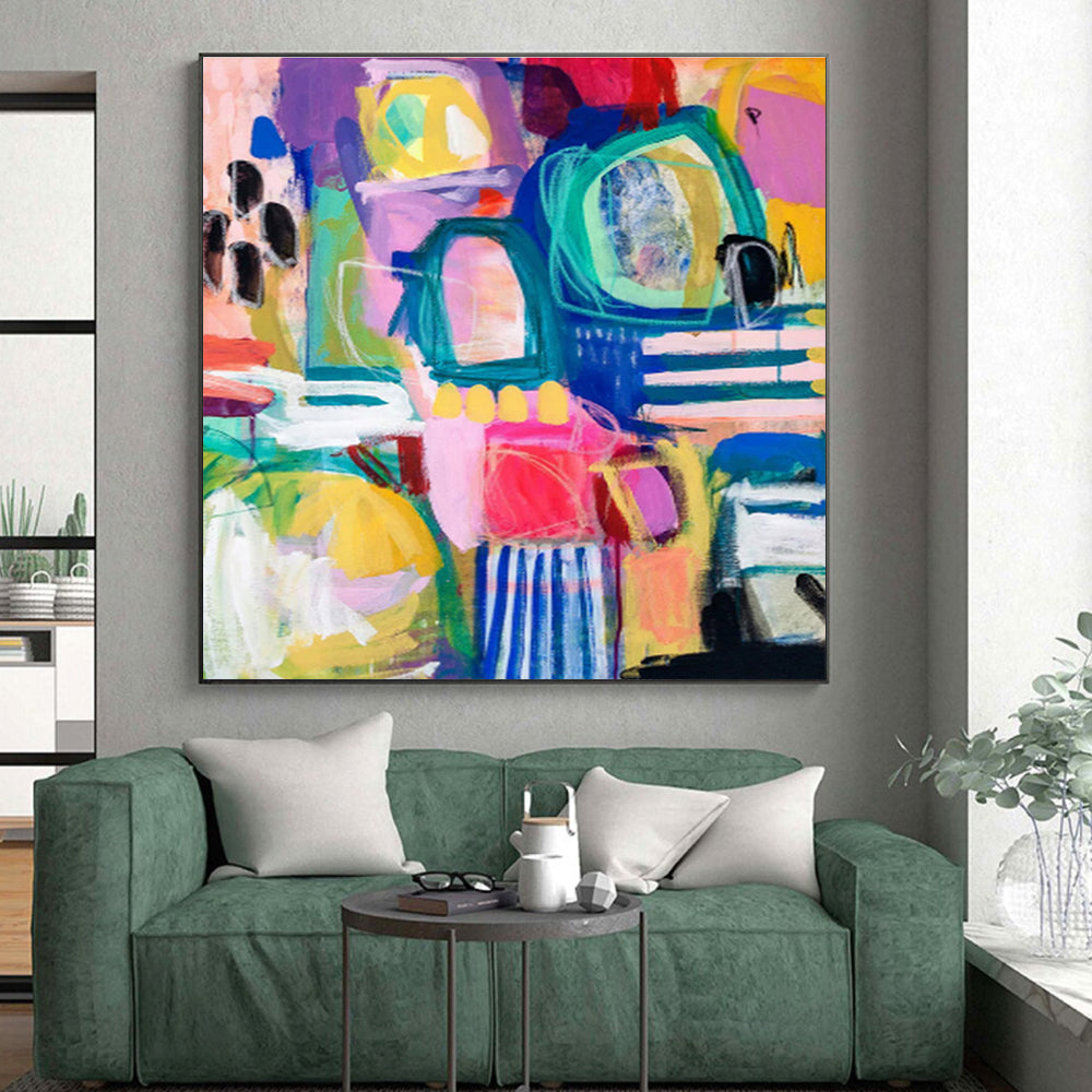 Hand-Painted Multicolor Gestural Abstract, Acrylic Modern Art Painting HS296