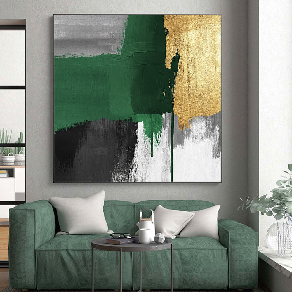 Handmade Art Green, Gold, and Gray Abstract Expressionist Art HS197