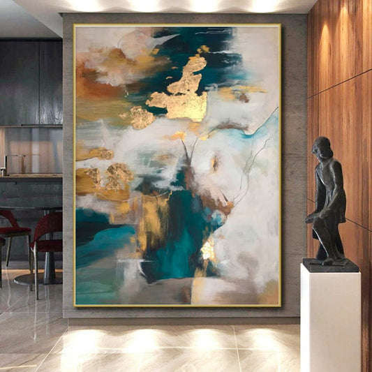 Acrylic Modern Art Paintings Teal, Gold, and Neutral Abstract Composition HS649