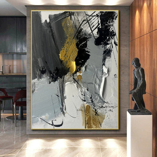 Oversized Abstract Wall Art with Gray, Black, White and Gold Colors, Energetic Abstract Theme HS466
