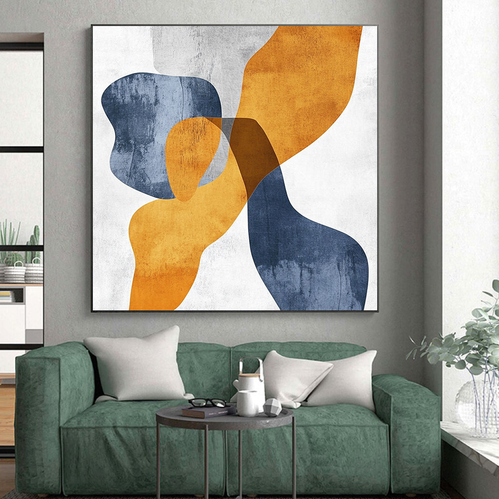 Unique Abstract Art Orange, Blue, and White Abstract Shape Painting For Sale HS124