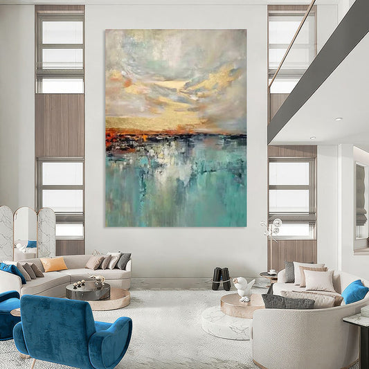 Multicolor Sky and Sea with Golden Accents Abstract Landscape Painting For Sale Online WS466