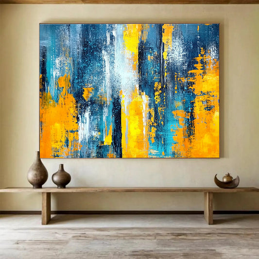 Horizontal Blue, Gray, and Gold Textured Abstract Painting WB266