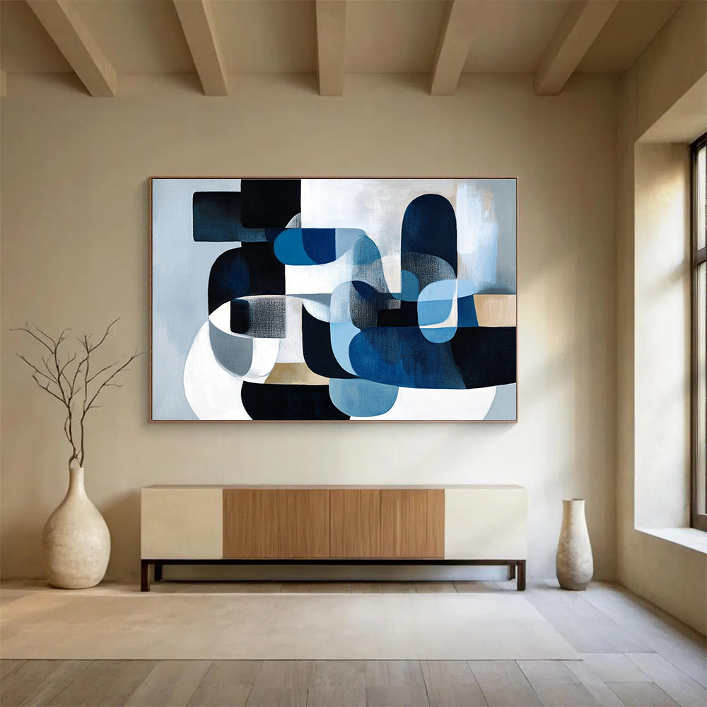 Big Size Blue, Black, and Beige Geometric Abstract Art WB252
