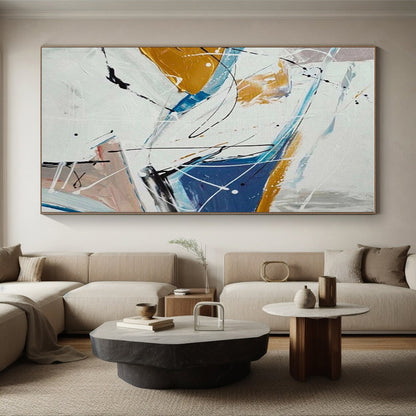 Big Painting Blue, Gold & White Gestural Abstract, Acrylic Modern Art Painting HS219