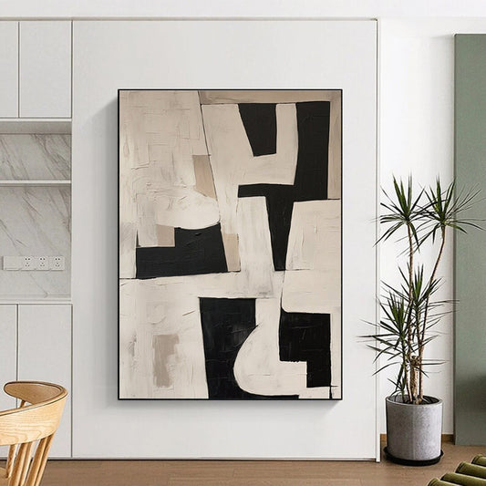 Acrylic Modern Art Paintings Black, White, and Beige Geometric Abstract Art HS759