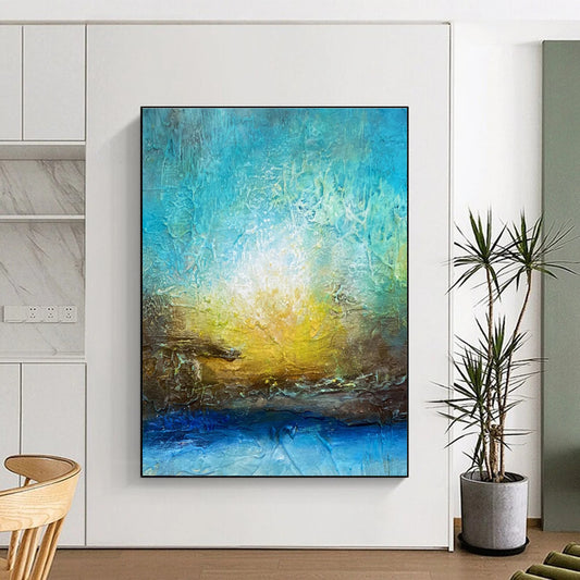 Hand Painted Art Blue, Gold & White Textured Abstract, Large Contemporary Wall Art HS290