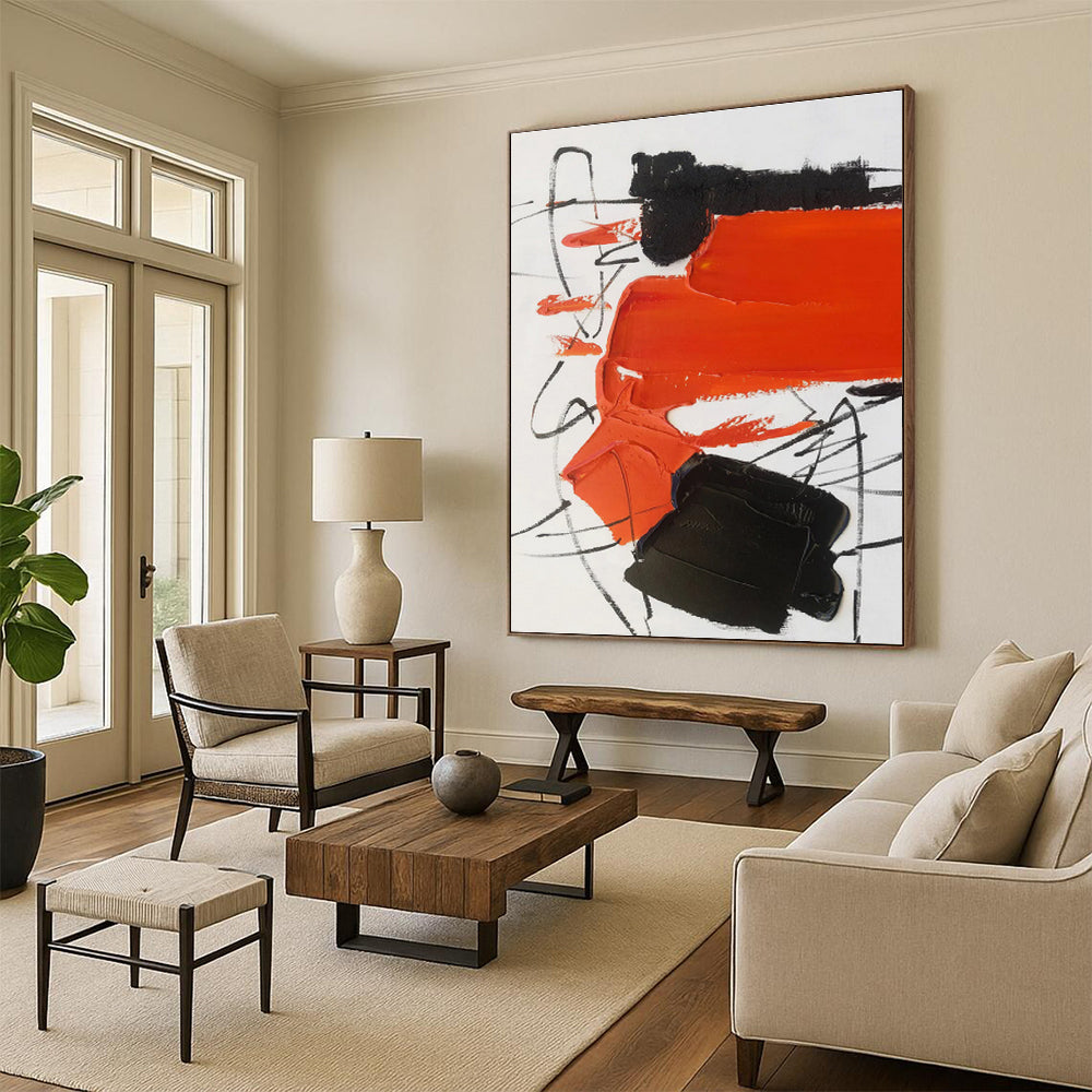 Modern Art Acrylic with Orange, Black and White Colors, Bold Abstract Theme HS477