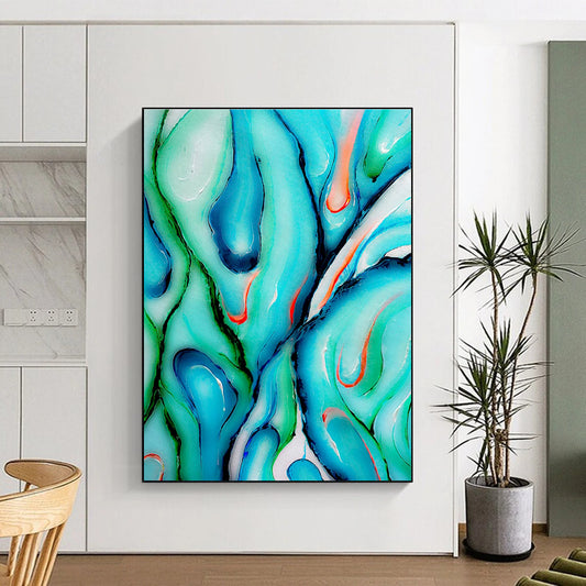 Unique Abstract Art Teal, Green, and Orange Fluid Abstract Art HS724