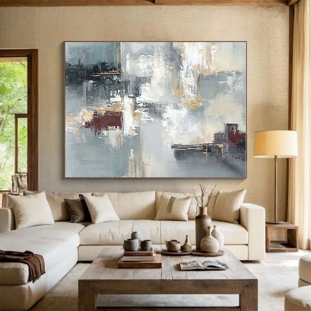 Big Size Gray, Gold and Black Abstract Geometric Painting WB090