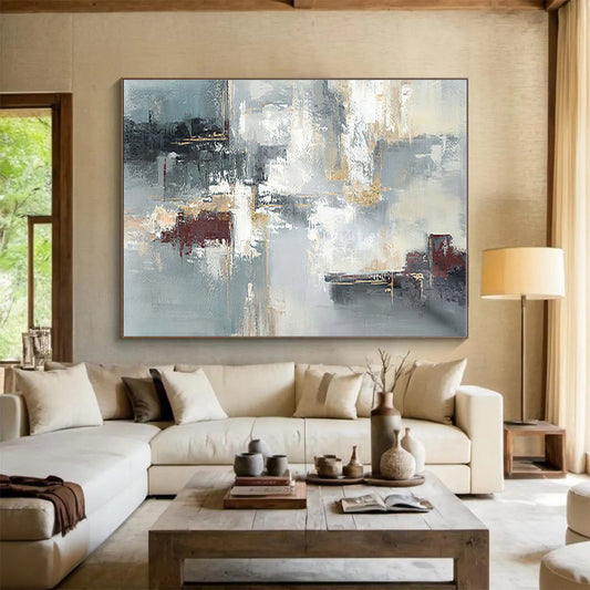 Big Size Gray, Gold and Black Abstract Geometric Painting WB090