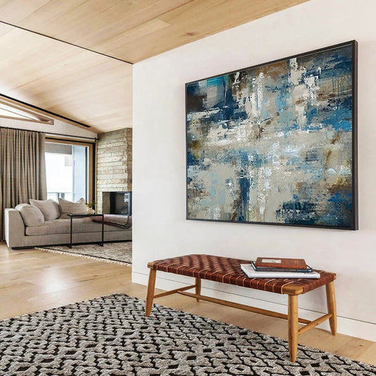 Oversized Canvas Art Blue, Gray, and Multicolor Abstract Textured Urban, Abstract Acrylic Painting WB190