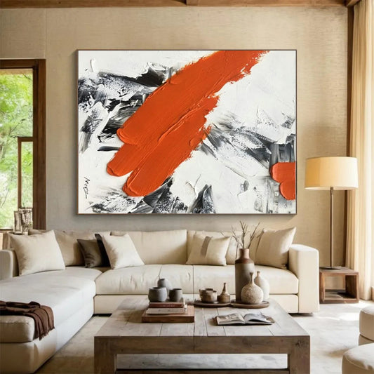 Handmade Art Cool Abstract Paintings with Orange, Black, White Textured Brushstrokes - Acrylic Modern Art Painting HS525