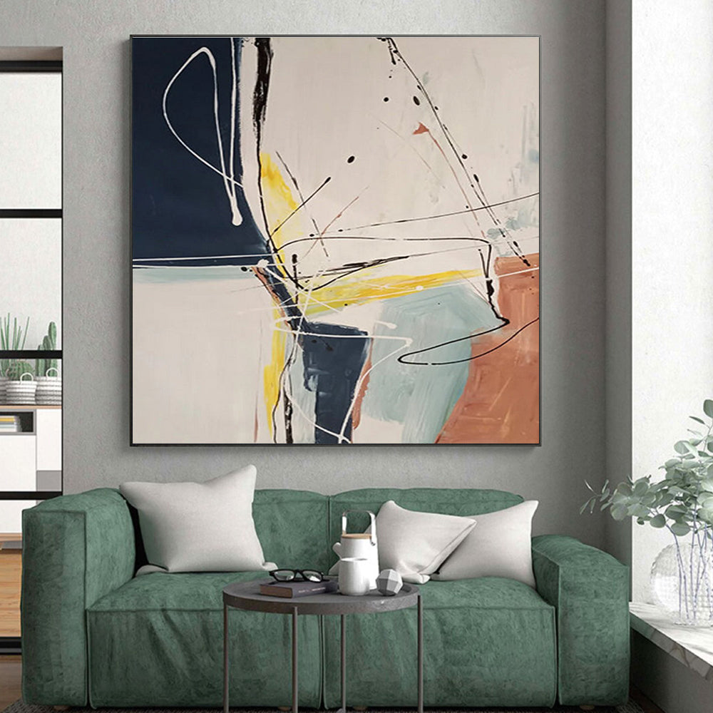 Hand-Painted Navy, Yellow & Terracotta Gestural Abstract, Acrylic Modern Art Painting HS211