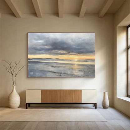Modern Art Abstract Paintings with Gray, Orange, Yellow and Black Colors, Coastal Sunset Theme WB318