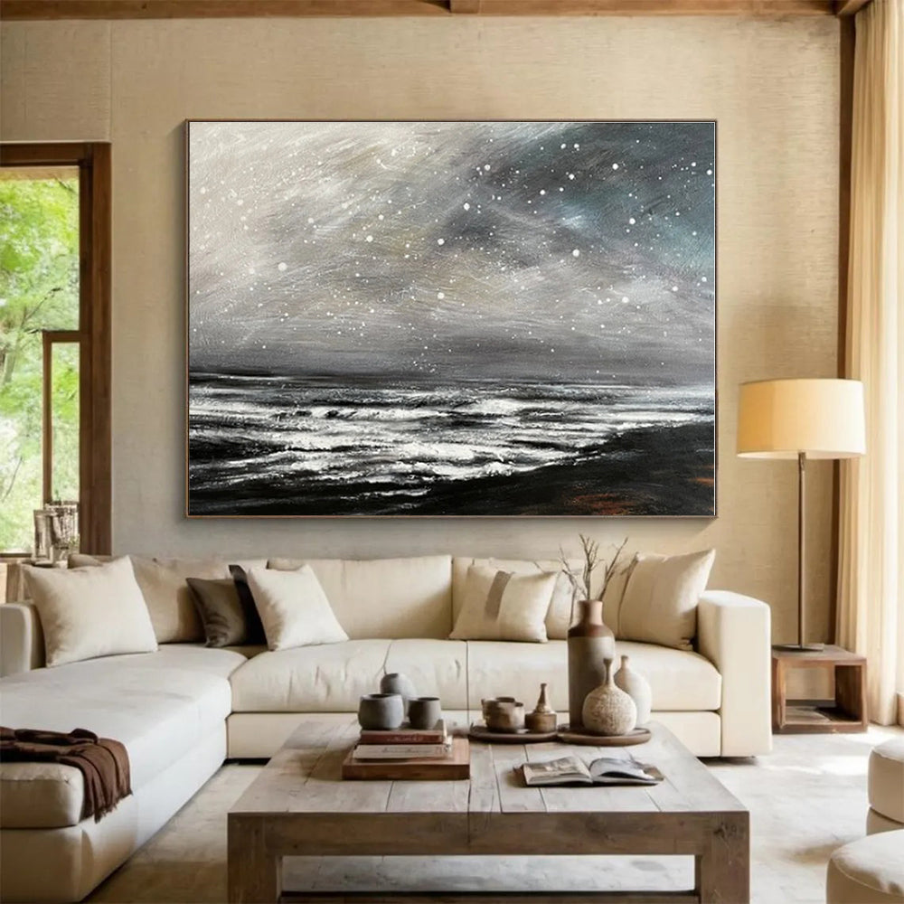 Beige, Gray Abstract Seascape Acrylic Painting WB039