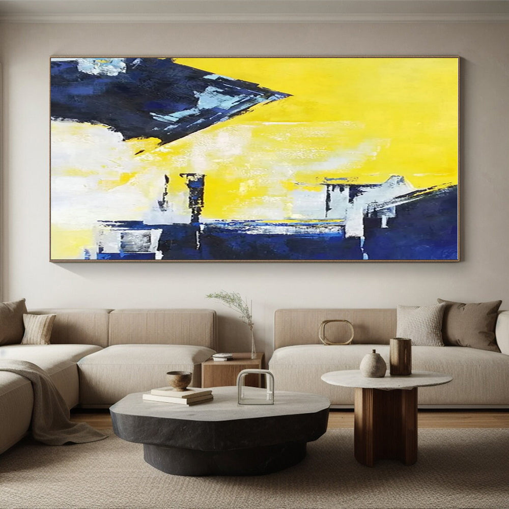 Cool Abstract Paintings Yellow, Blue, and White Geometric Abstract Painting On Canvas HS803