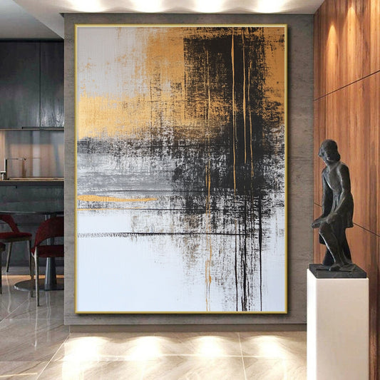 Hand Painting Gold, Black, and Gray Abstract Expressionist Art HS182