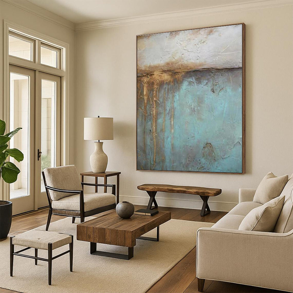 Hand-Painted Acrylic Modern Art Paintings with Teal, Brown, Beige Textured Layers - Large Contemporary Wall Art HS530