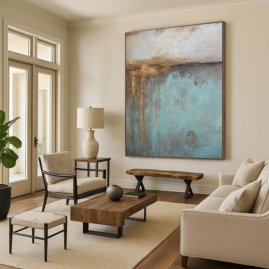 Hand-Painted Acrylic Modern Art Paintings with Teal, Brown, Beige Textured Layers - Large Contemporary Wall Art HS530