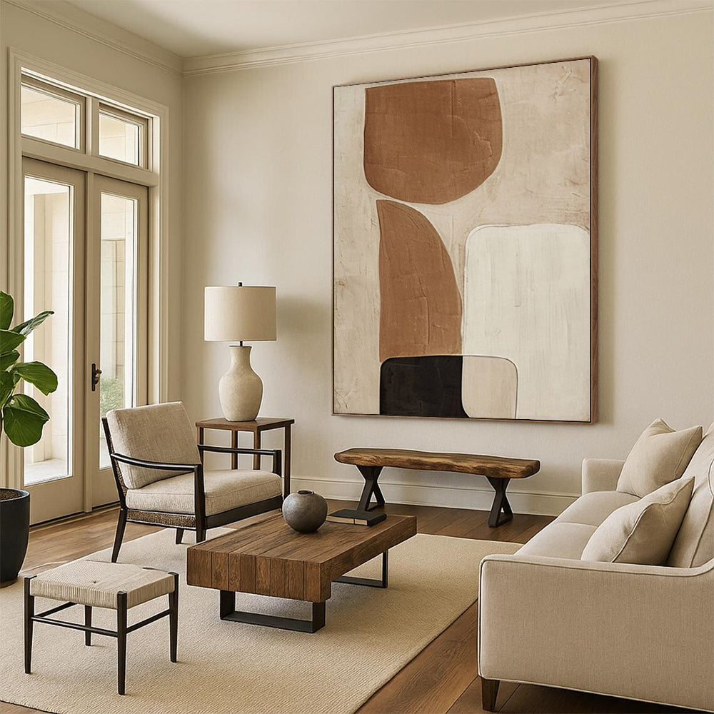 Hand Painting Beige, Brown, and Black Abstract Shape Painting For Sale HS079