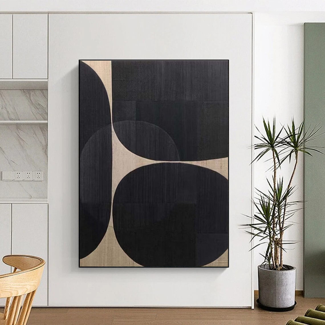 Handmade Art Black & Beige Geometric Abstract, Minimalist Canvas Art HS324