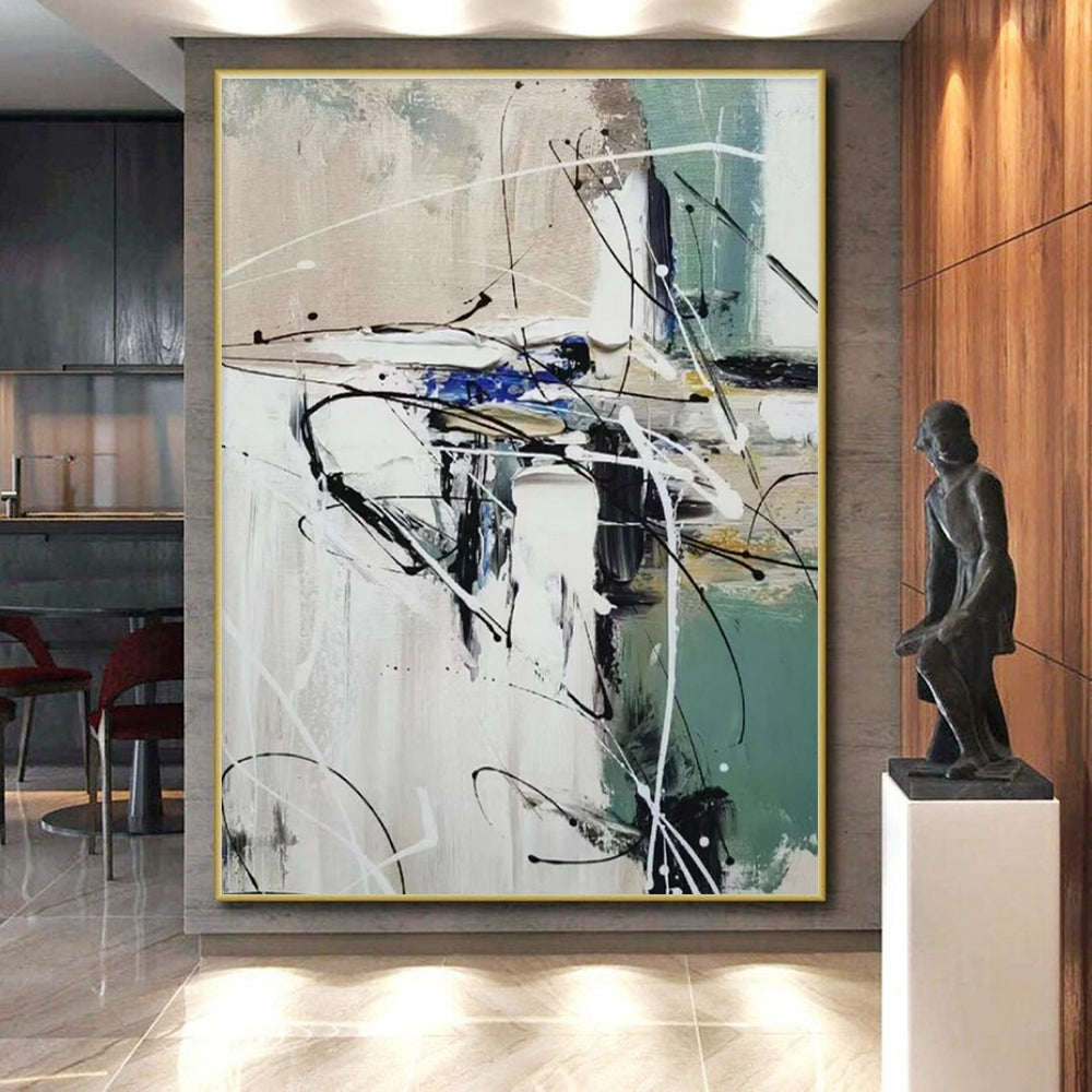 Hand Painted Art Green, White, and Black Dynamic Abstract Painting On Canvas HS801