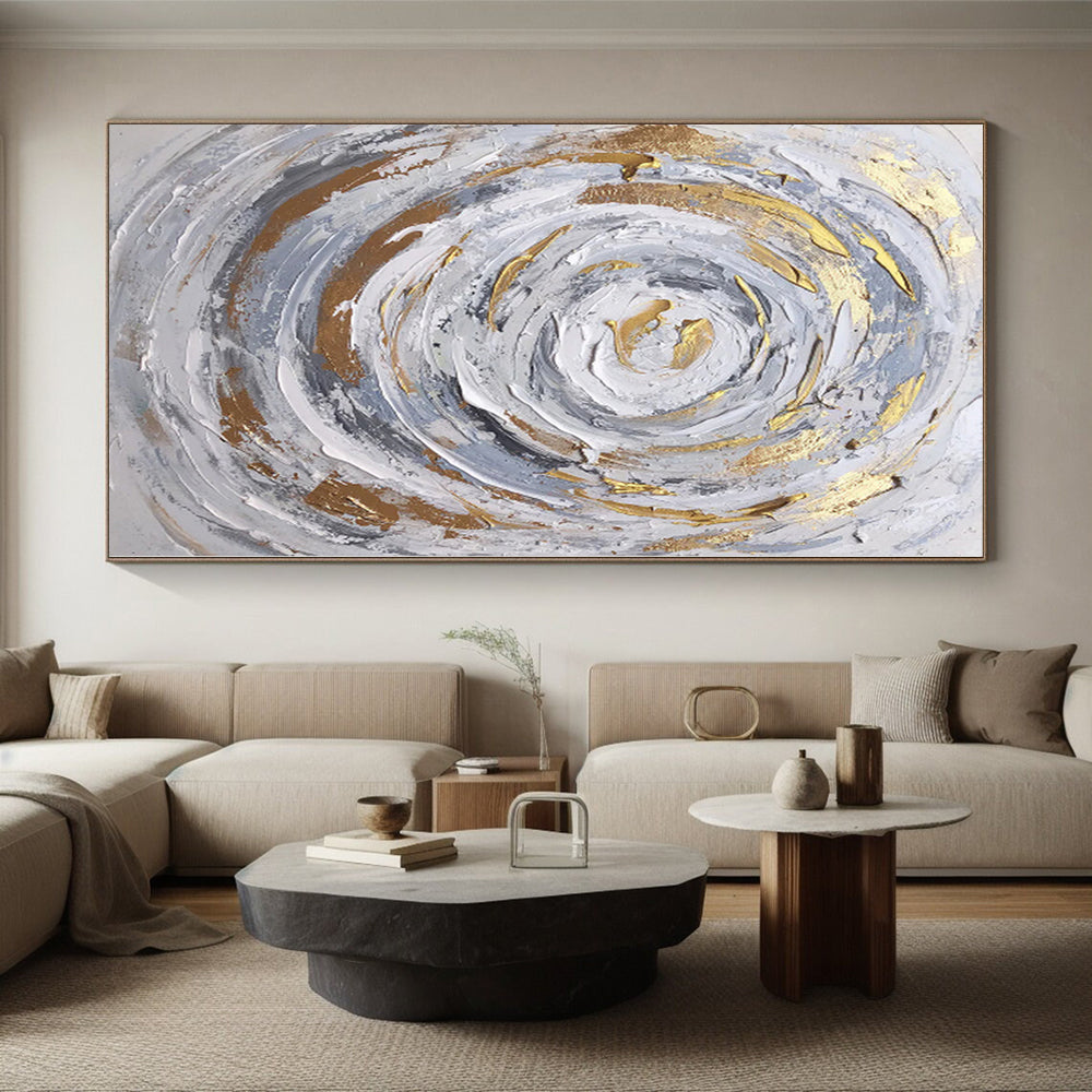 Hand-Painted Gray, White, and Gold Abstract Swirl Painting For Sale HS058