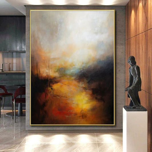 Handmade Art Orange, Yellow, and Black Textured Abstract Painting On Canvas HS808