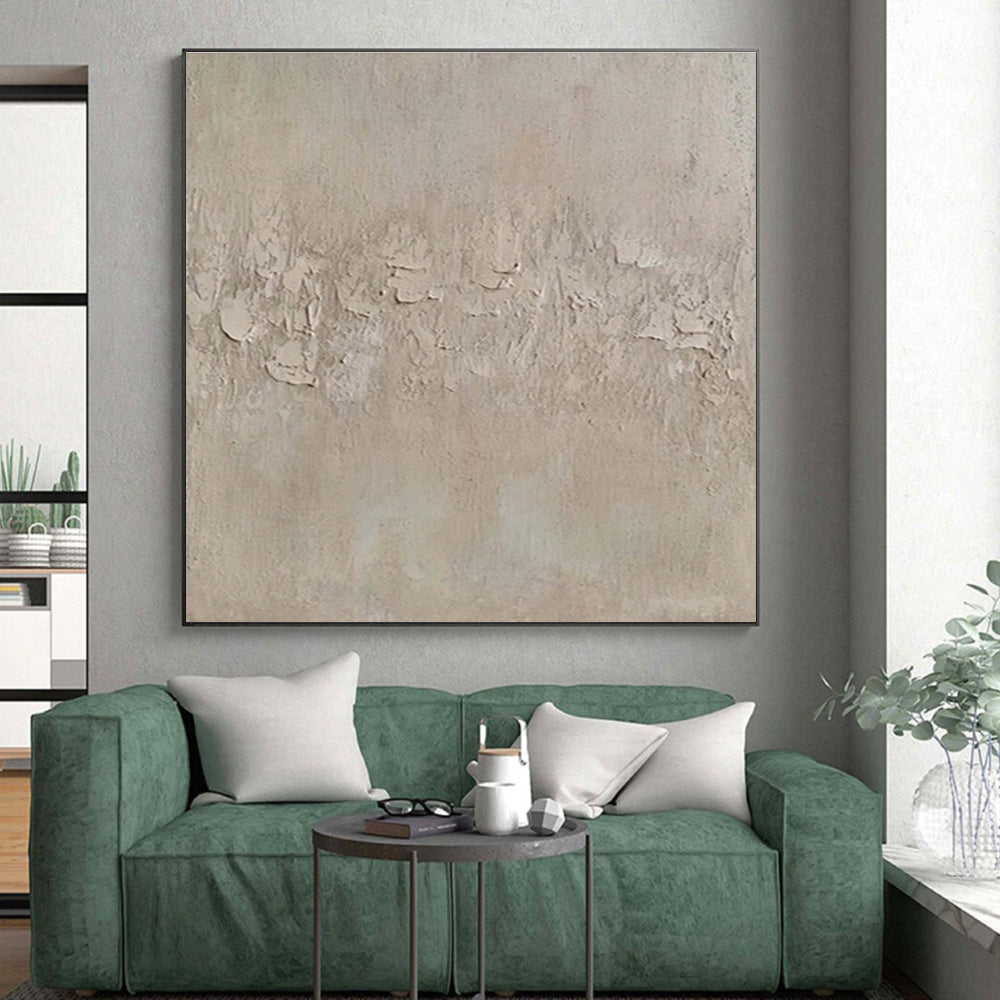 Hand-Painted Minimalist Canvas Art in Beige with Textured Details - Large Painting In Living Room HS505