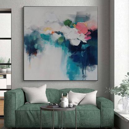 Acrylic Modern Art Paintings Teal, Pink, and White Floral Abstract Art HS718