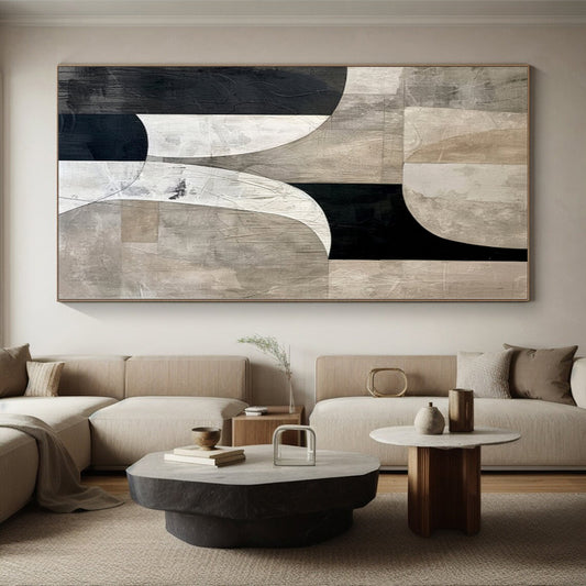 Hand-Painted Black, White, and Beige Abstract Geometric Shape Painting For Sale HS062