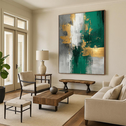 Large Size Green, Gold, and Gray Abstract Textured Painting For Sale HS110