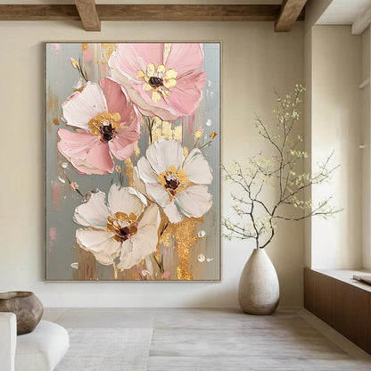 Pink, White, Gold Abstract Floral Art For Bedroom and Dining Room WS437