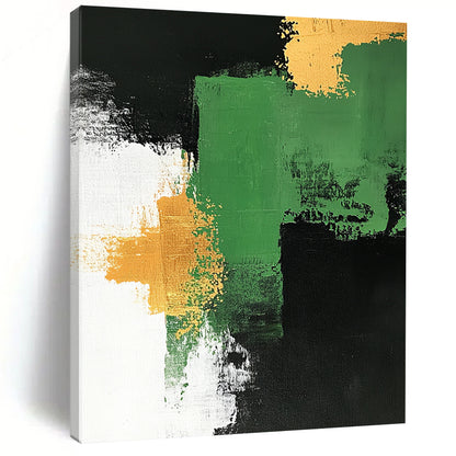 Handmade Art Green, Black, and Gold Abstract Shape Painting For Sale HS145