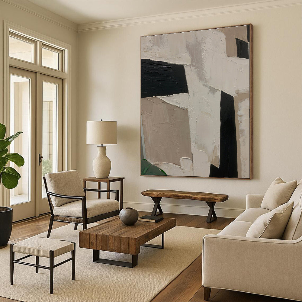 Unique Abstract Art Black, Beige & White Geometric Abstract, Large Contemporary Wall Art HS306