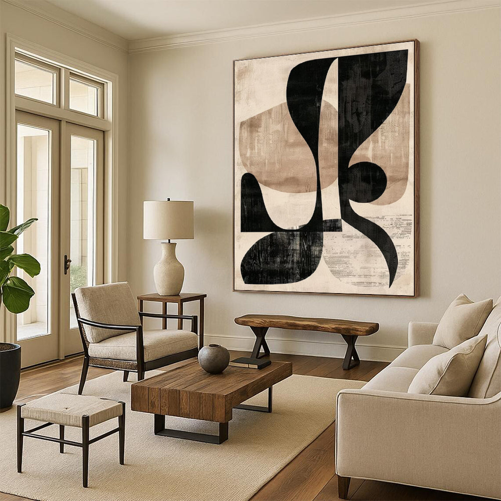 Unique Abstract Art Black & Beige Geometric Abstract, Large Contemporary Wall Art HS433