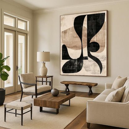 Unique Abstract Art Black & Beige Geometric Abstract, Large Contemporary Wall Art HS433