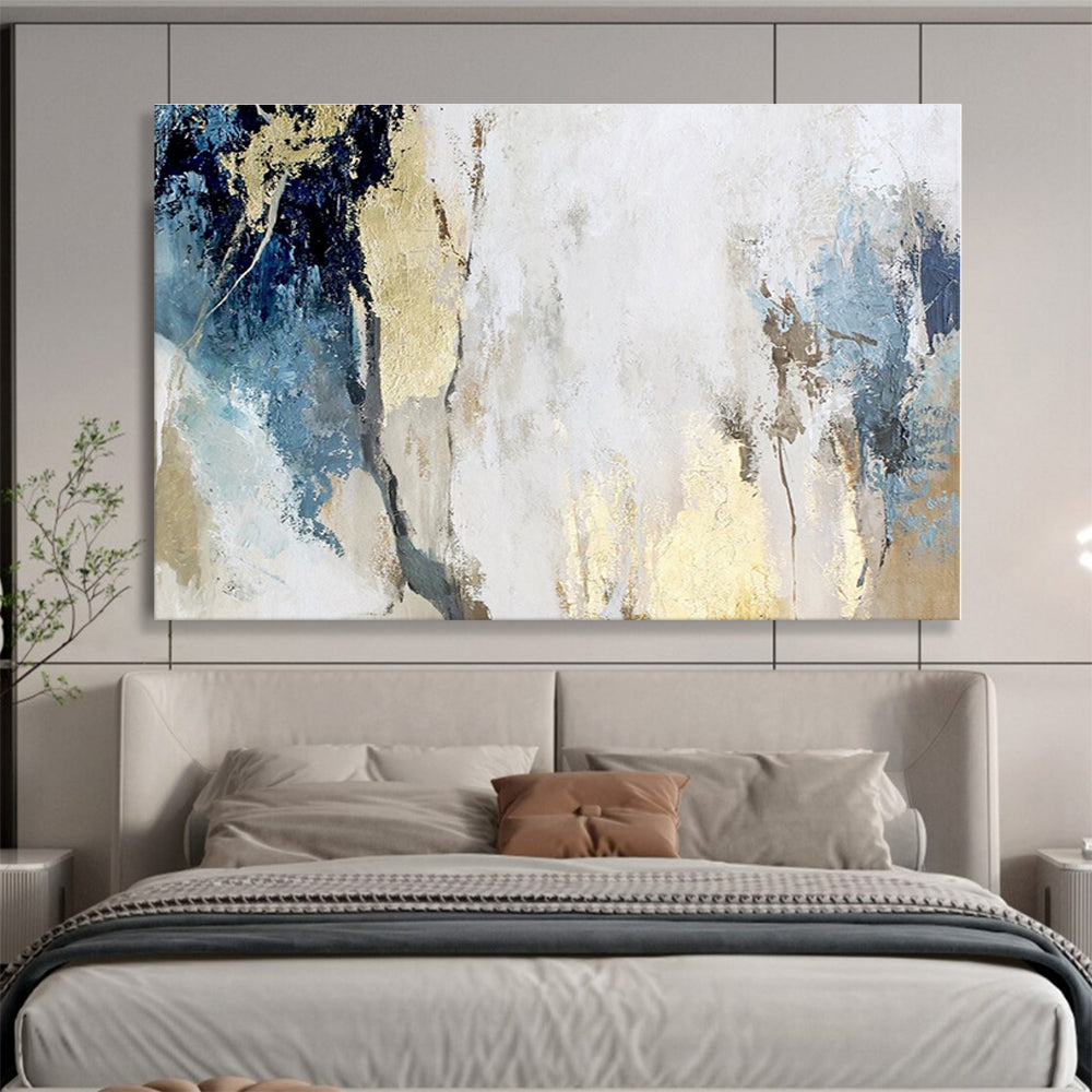 Oversized Canvas Art Blue, Gold and White Abstract Textured Painting WB112