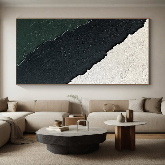 Hand-Painted Black, White, and Green Textured Layered Abstract Art HS181