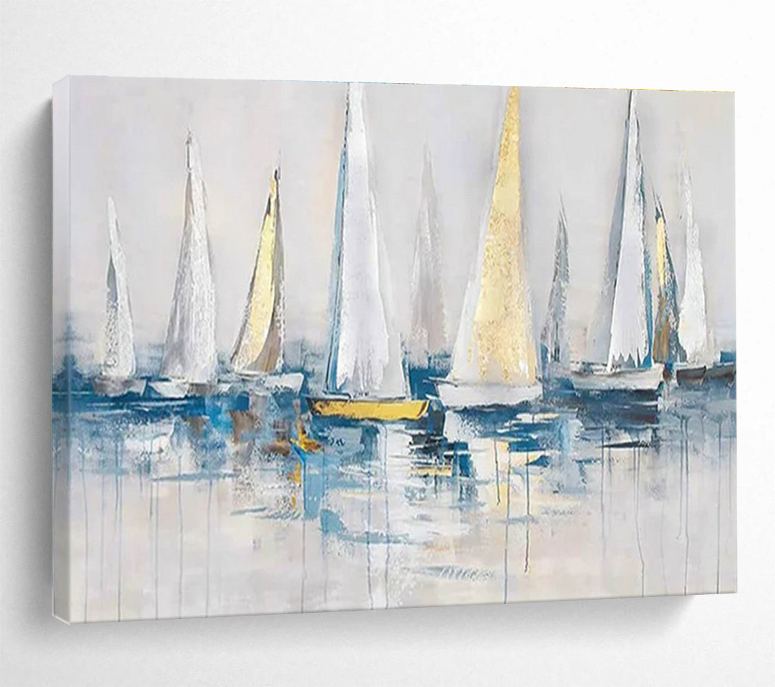 Oversized Canvas Art in Blue, White, and Gold Abstract Sailboat Style WB228