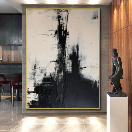 Hand-Painted Black and White Abstract Urban Landscape Painting For Sale HS056