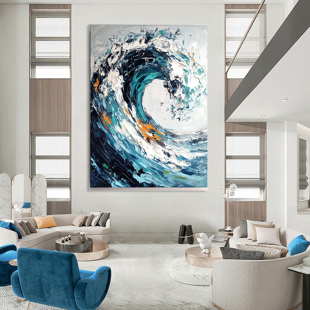 Blue, White, Orange Abstract Seascape Art For Bathroom and Living Room WS432