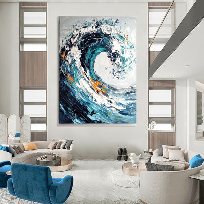 Blue, White, Orange Abstract Seascape Art For Bathroom and Living Room WS432