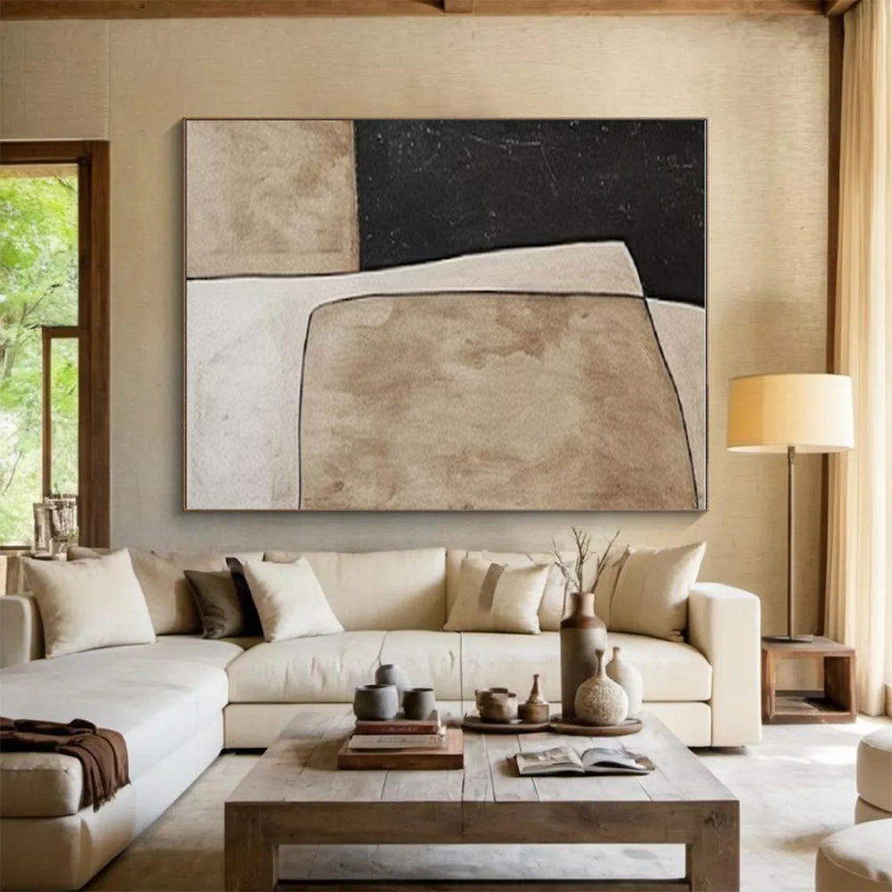 Handmade Art Black, Beige, and Brown Geometric Abstract Art HS685