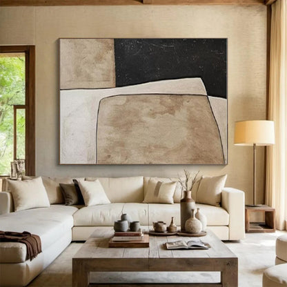 Handmade Art Black, Beige, and Brown Geometric Abstract Art HS685