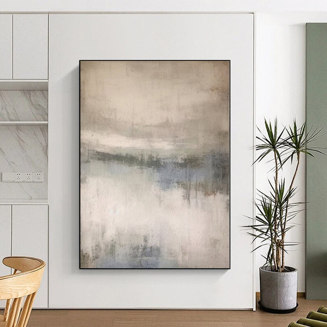 Large Painting In Living Room Gray and Blue Abstract Misty Landscape Painting For Sale HS107