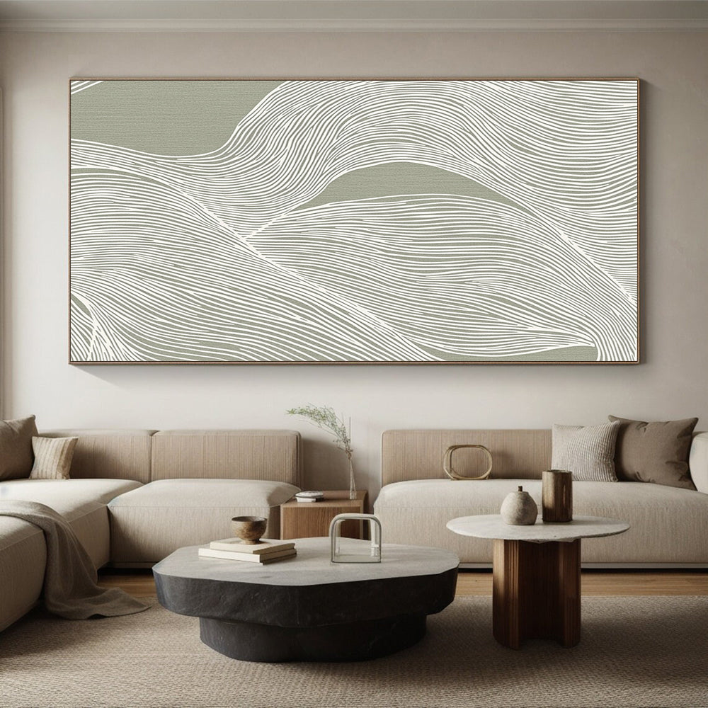 Hand Painted Art Green and White Linear Abstract Art HS192