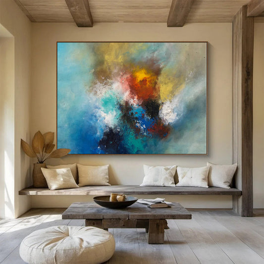 Blue, Yellow, Red, Teal Abstract Energetic Blend Painting, Abstract Acrylic Art WB002