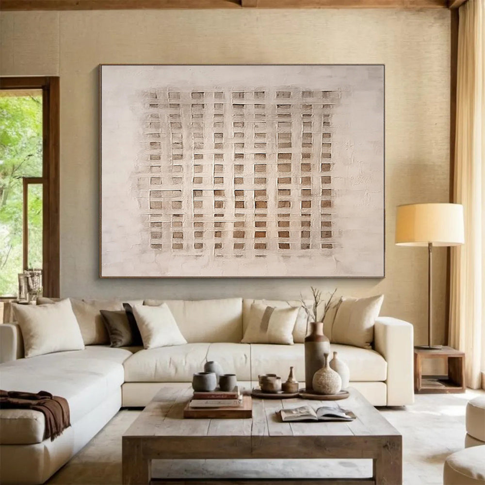 Beige, Brown Abstract Grid Acrylic Painting WB024